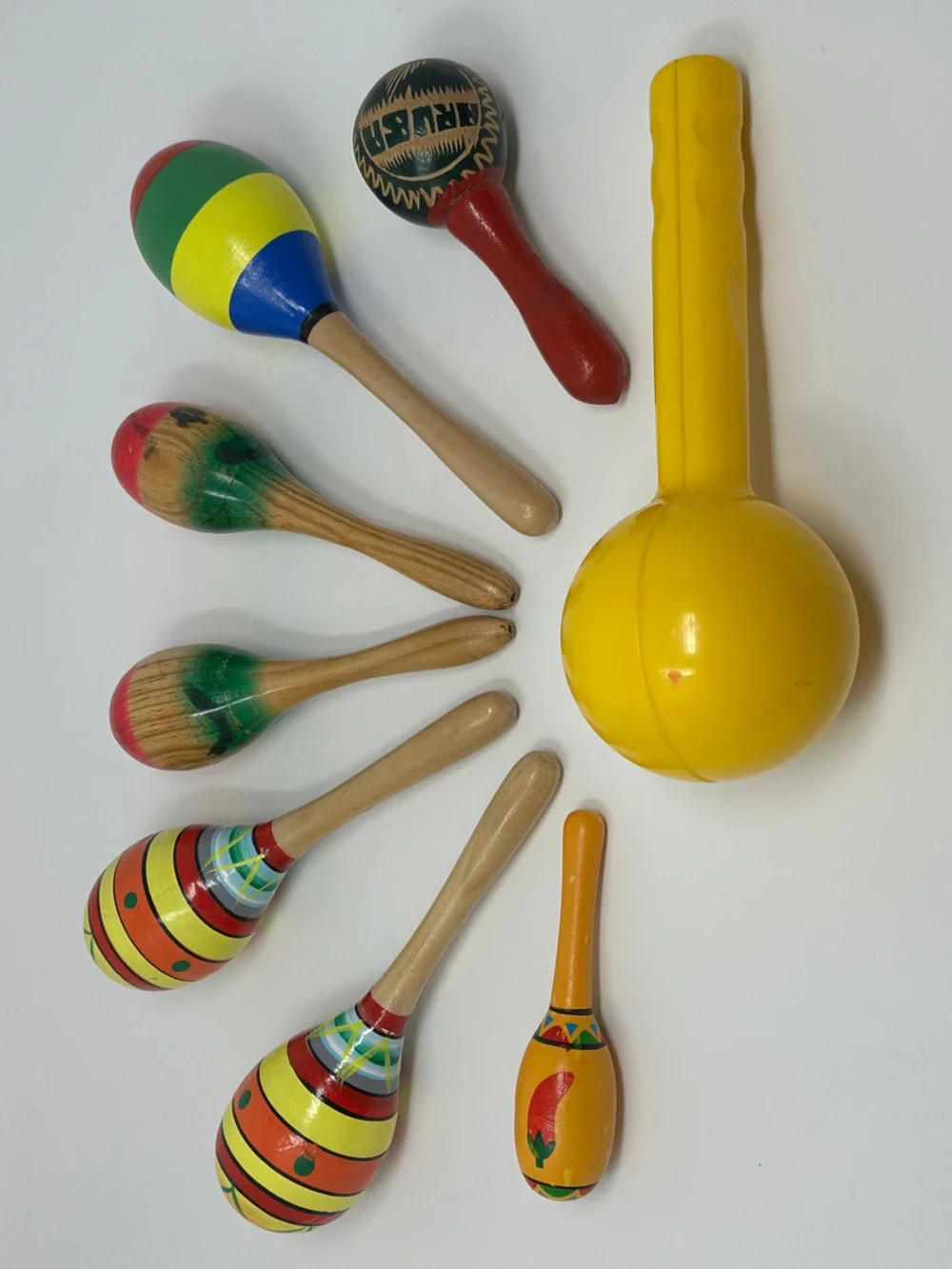 Colorful Kids Maracas Set - 8 maracas. 7 wood 1 plastic